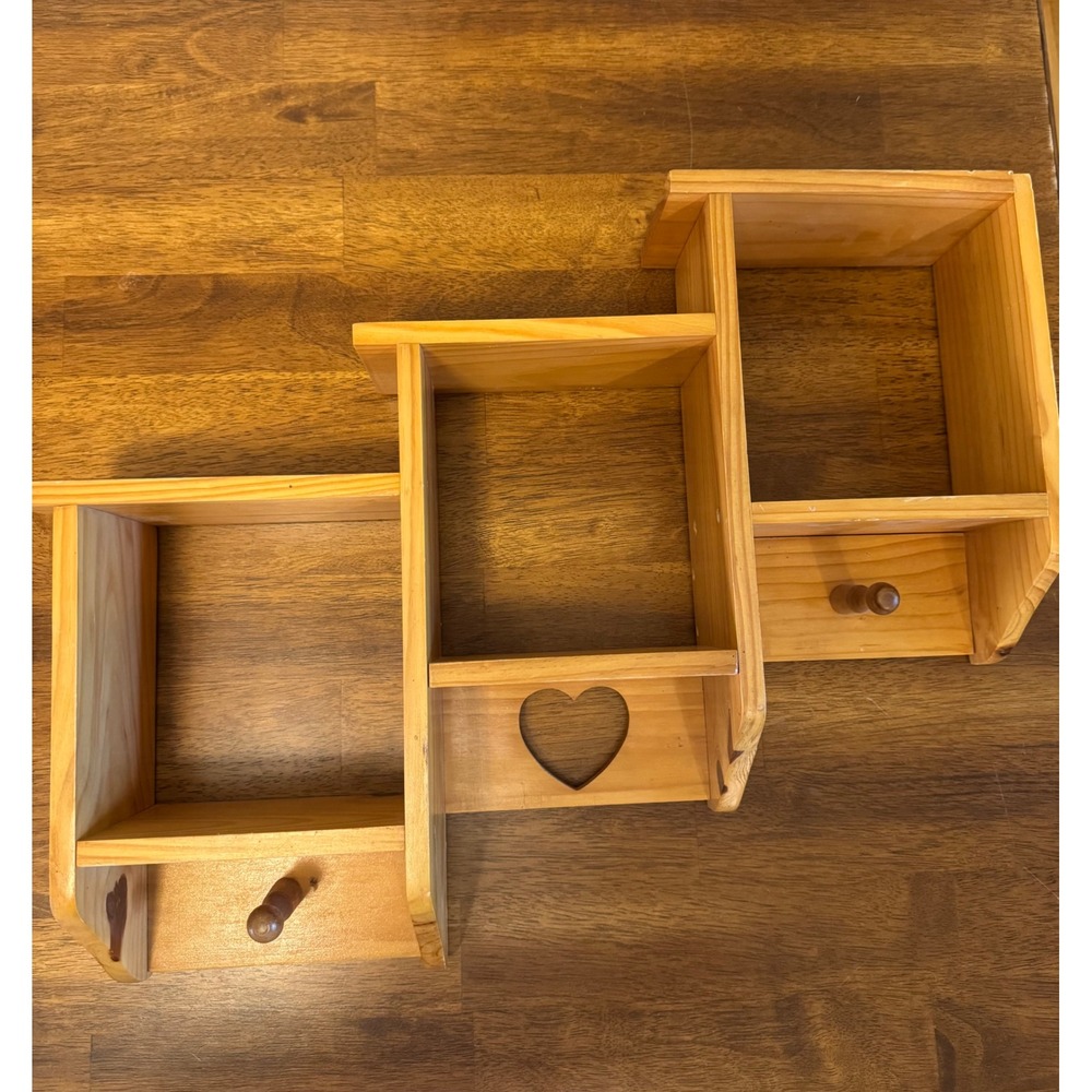 Vintage Natural Pine Wood Staggered Wall Shelf with Heart Cutout and Pegs